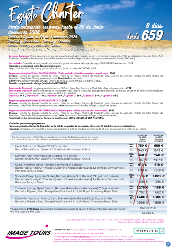 Egipto Charter hasta septiembre 2026 ¡8 días con plazas garantizadas! Venta Anticipada desde 659 € 