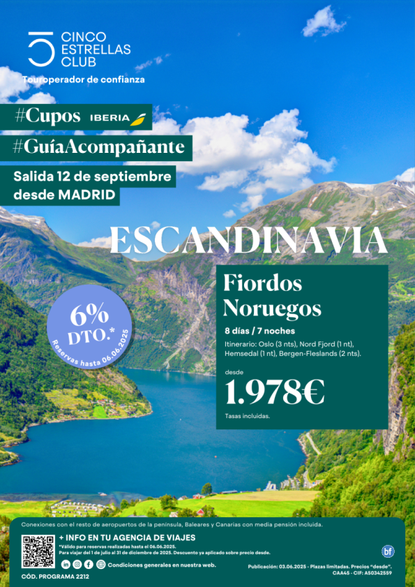 6%dto CuposIB/Guia Acompañante Fiordos Noruego Precio Final 1.978 € 8d/7n sld 12 de Septiembre dsd MAD