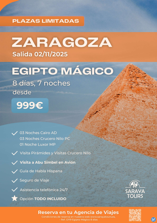 Especial Egipto Mágico con Abu Simbel en avión incluido. Salida 02/11/25 desde ZARAGOZA. Plazas limitadas.