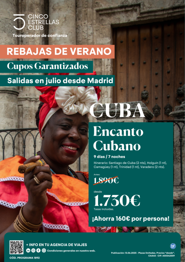 Rebajas de Verano! Ahorra 160 € Cupos/Encanto Cubano dsd 1.730 € 9d/7n sld Julio en los martes dsd Madrid