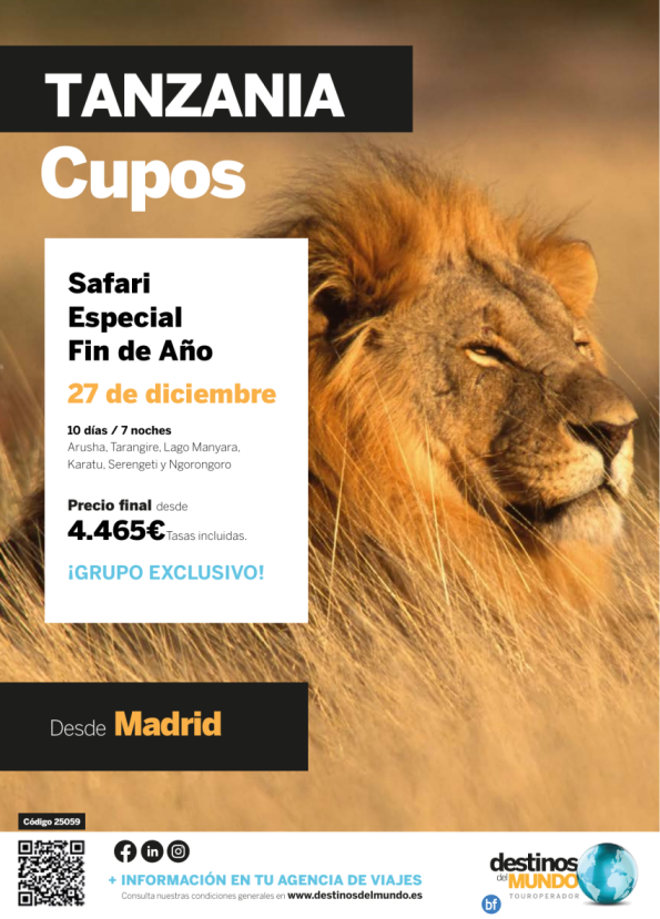 CUPOS: ????Safari Tanzania especial Fin de Año 10 d / 7 n origen: Madrid desde 4.465 € 27 de diciembre ??