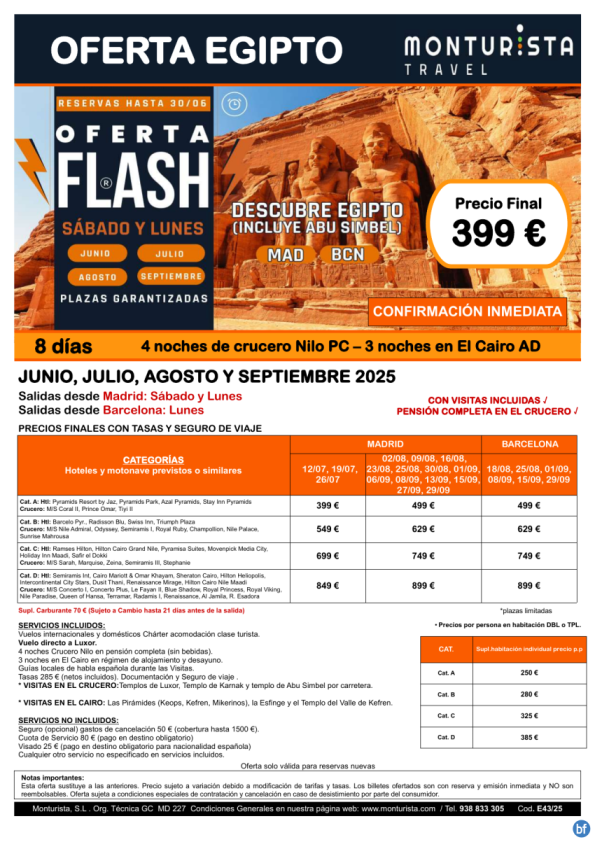 Of.Flash®-Descubre Egipto(Incluye Abu Simbel)desde 399 € -salida MAD sab-lun BCN lun-jun,jul,aug,sep 4ncruc+3cai