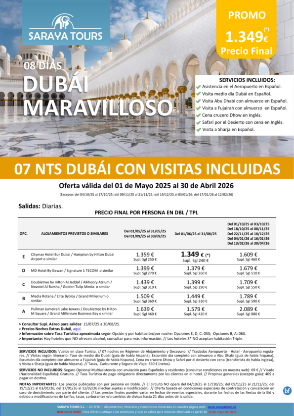 Promo! Dubai Maravilloso 8 días con Hotel, Traslados y Visitas a Abu Dhabi, Sharja y Fujairah hasta Abril26