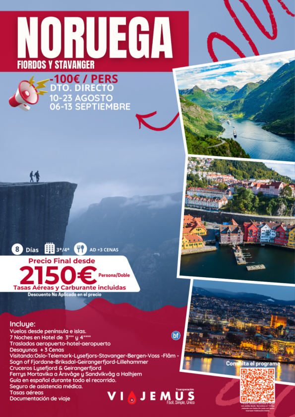 Noruega, Fiordos y Stavanger.Descuento directo de -100? por persona. 10-23/Ago y 6-13/Sep.Salidas garantizadas
