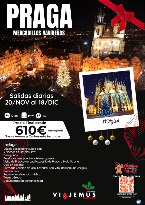 Praga mercadillos navideños. Salidas diarias del 20/Nov al 28/Dic. Península e islas. Salidas garantizadas.