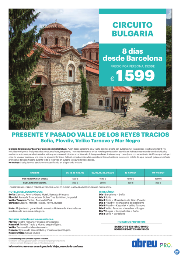 NOVEDAD Circuito Bulgaria Presente y Pasado, todo incluido desde Barcelona  8 Días Julio a Octubre