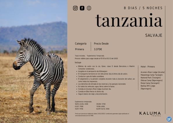 Tanzania Salvaje 9 Días / 6 Noches Salidas Garantizadas hasta Diciembre desde 3.725 € 