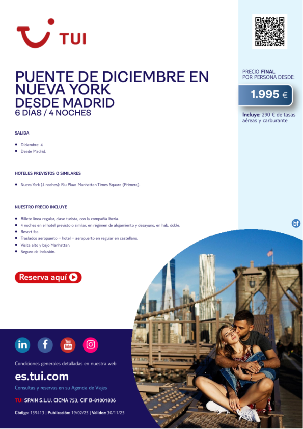 Puente de diciembre en Nueva York. 6 días / 4 noches. Salida 04 DIC desde MAD desde 1.995 € 