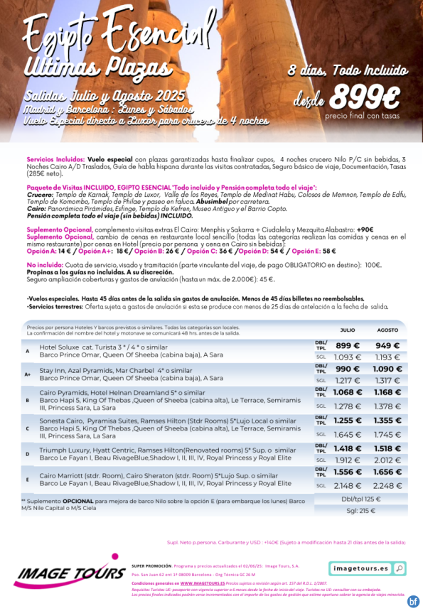 	 Egipto Esencial Últimas Plazas Julio y Agosto con Visitas y plazas garantizadas! desde solo 899 € 