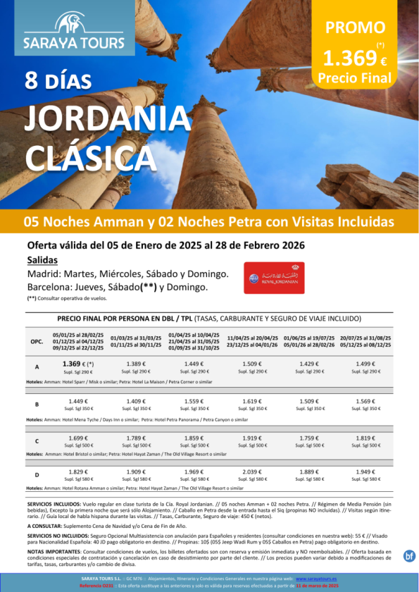Jordania Clásica 8 días: Amman y Petra con Visitas Incluidas hasta Febrero26