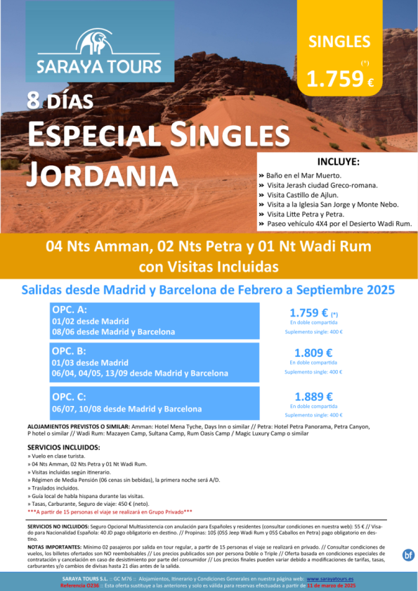 Especial Singles a Jordania 8 días! Circuito con Visitas Incluidas: Ammán, Petra, Wadi Rum hasta Sep25