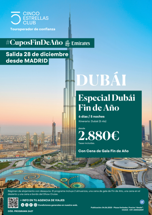 6% dto. Cupos Emirates  dsd 2.880 € Especial Dubái Fin de Año 6d/5n sal 28 de dic dsd Mad con cena gala