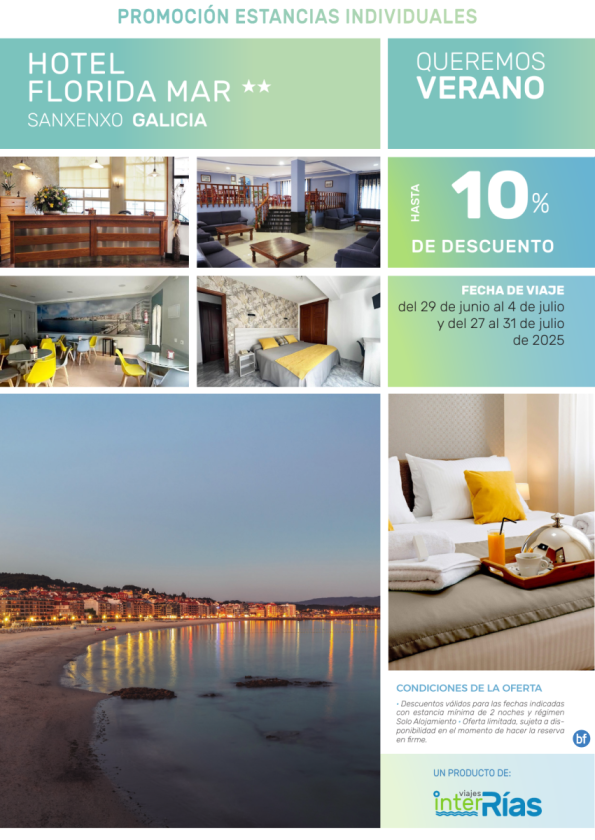 Queremos Verano Hotel Florida Mar 2* (Sanxenxo - Galicia).- Hoteles para Individuales