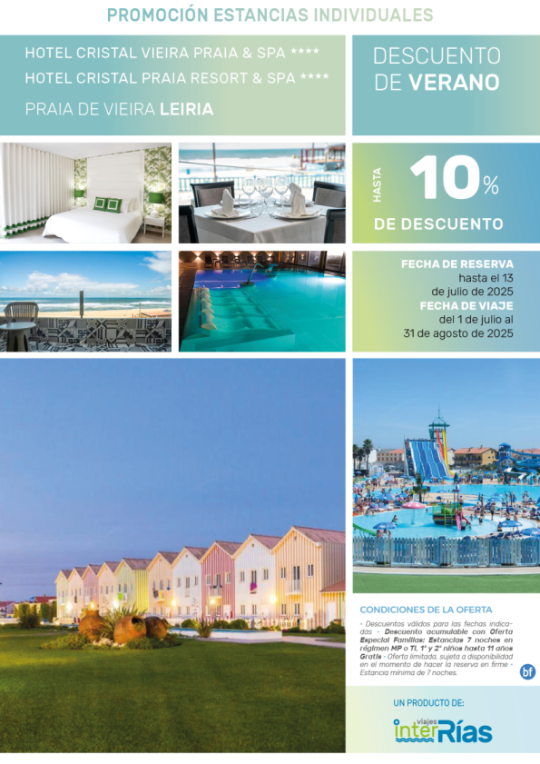 Descuento de Verano Hotel Cristal Vieira & Praia 4* (Praia de Vieira - Leiria).- Hoteles para Individuales