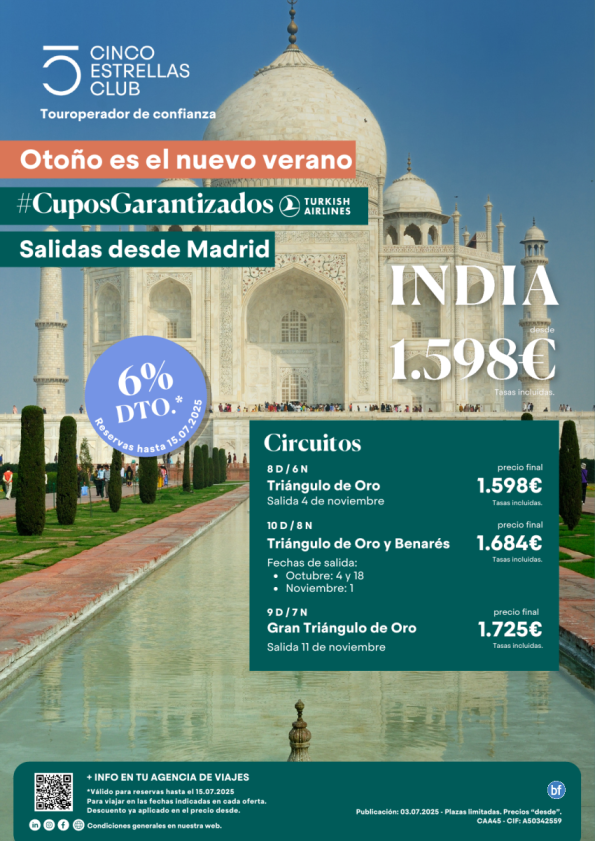 CUPOS Turkish  INDIA - Oferta resumen sal. Oct: 4 y 18, Nov:1, 4 y 11 desde dsd 1.598 € desde Madrid