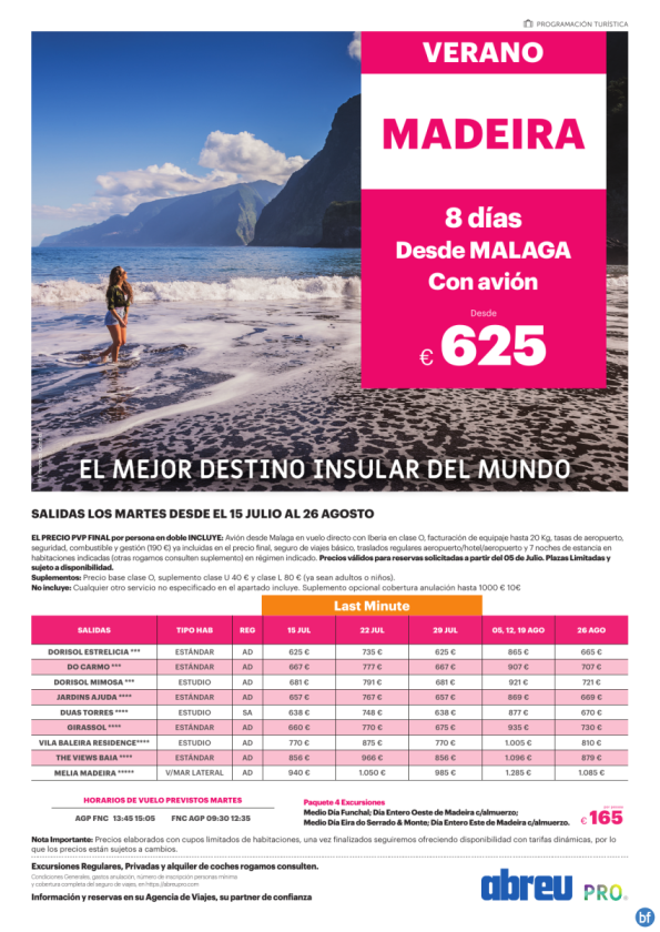 Madeira directo desde Málaga salidas martes 15 Jul a 26 Ago 625 € 