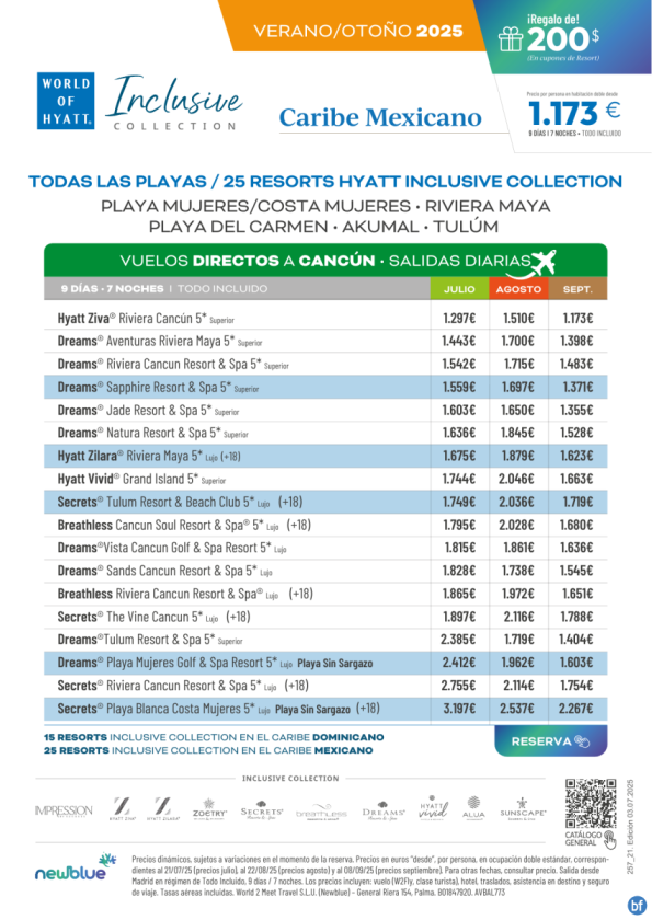 Precios de 18 Resorts en las mejores playas del Caribe Mexicano - de julio a septiembre. Desde 1.173 € 