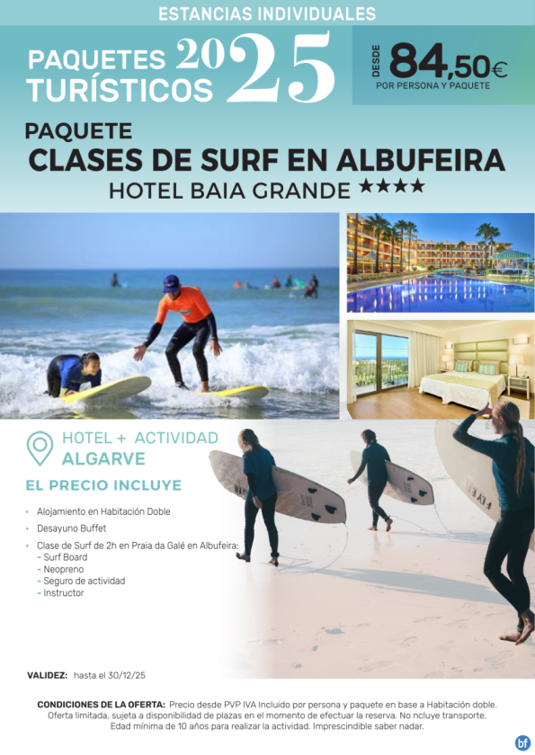 Clases de Surf en Albufeira Hotel Baia Grande 4*.- Paquetes turísticos para Individuales