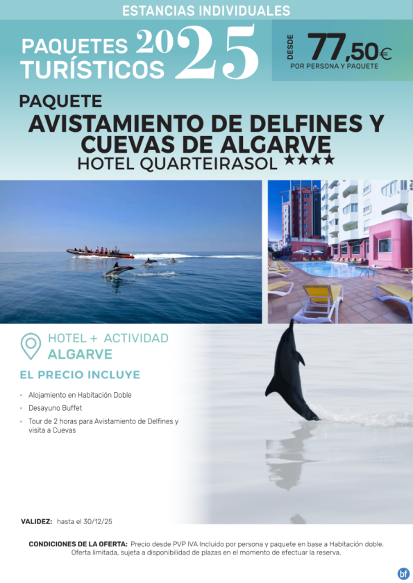 Avistamiento de Delfines y Cuevas de Algarve Hotel Quarteirasol 4*.- Paquetes turísticos para Individuales