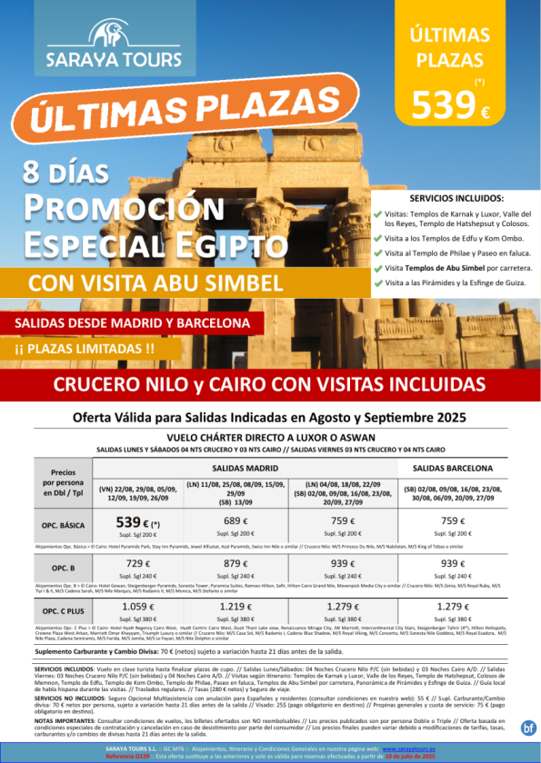 Últimas Plazas Promo Egipto con Abu Simbel dsd 539 € con Visitas Incluidas! Salidas Agosto y Septiembre