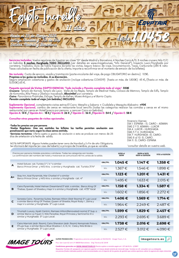 Egipto Increíble hasta marzo 2026, 11 días con Cairo AD, Crucero Nilo PC y Hurghada Todo Incluido. Desde 1045 € 