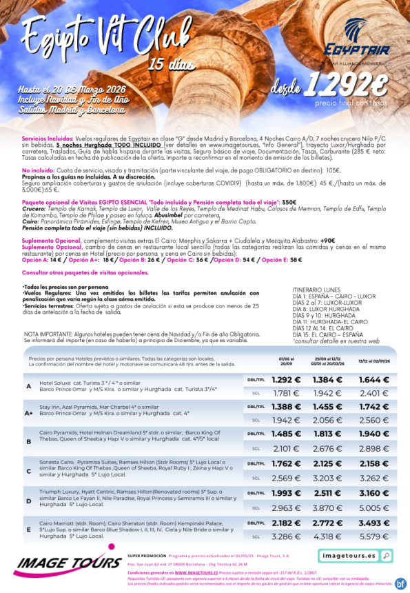 VIT Club hasta marzo 2026, 15 días de viaje a Egipto desde 1.292 € 
