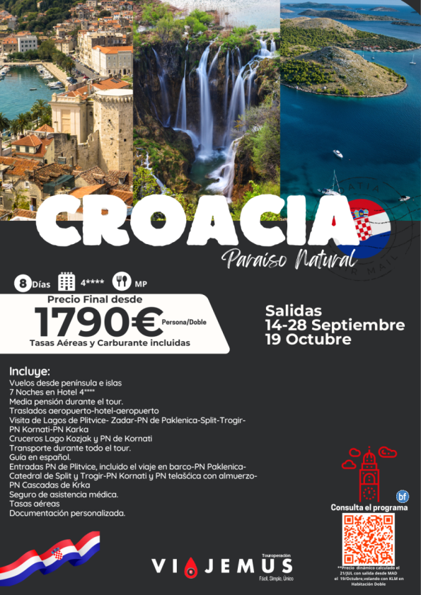 Croacia un paraíso natural. Salidas garantizadas 14-28 Sep y 19 Octubre. 8 días en MP descubriendo sus parques
