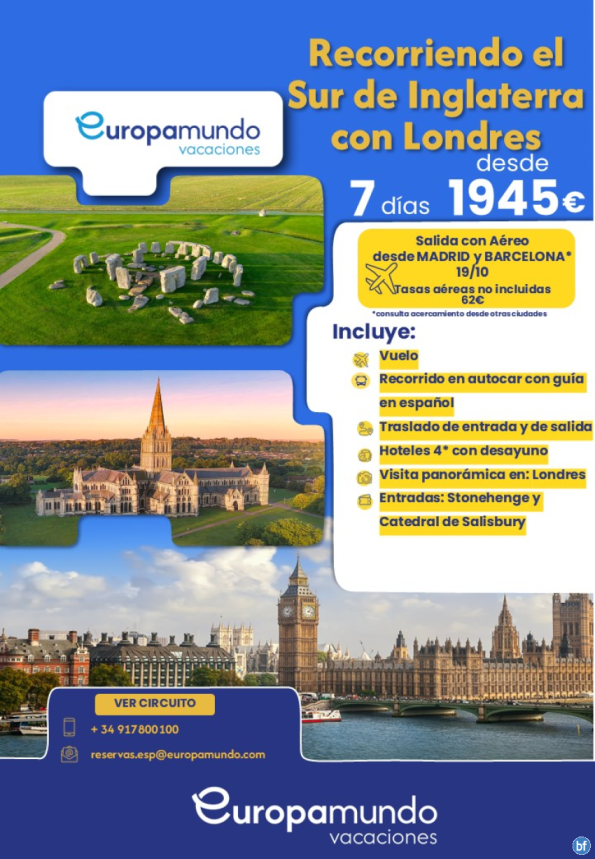 Recorriendo el Sur de Inglaterra con Londres. Salida con Aéreo desde Madrid y Barcelona