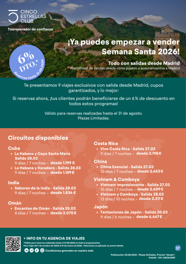 Reserva ya Semana Santa 2026 - Larga distancia - Cupos - 6% dto Reserv. hsta 31.08 desde 1.199 € 