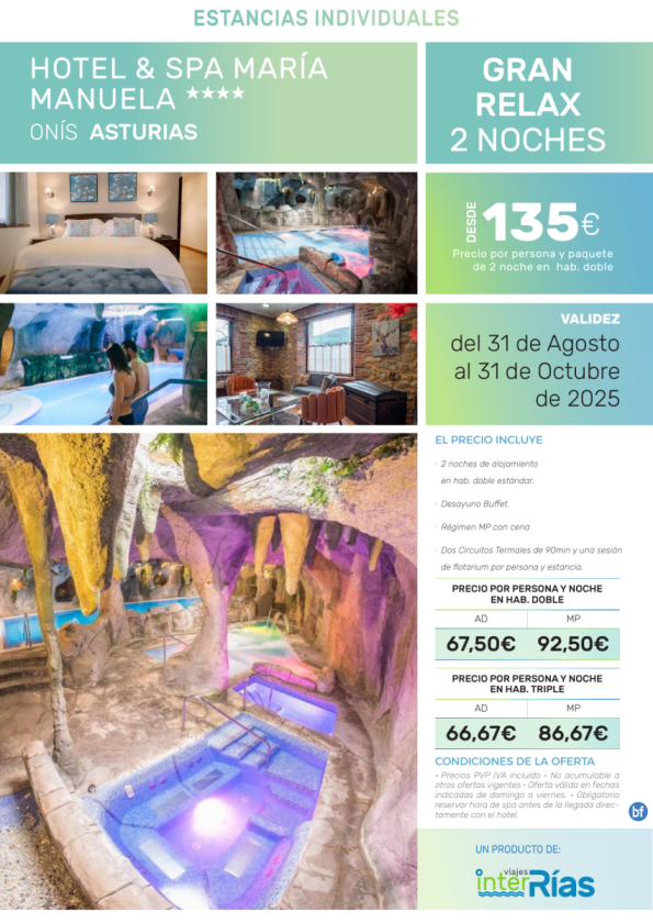 Gran Relax 2 Noches Hotel & Spa María Manuela 4* (Onís - Asturias).- Hoteles para Individuales