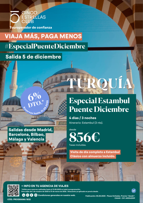 Pte Diciembre Estambul 4d/3n sal 05 dic dsd  856 € Mad, Bcn,Bio,Agp,Vlc Exc.Estambul Clásico y almuerzo incluido