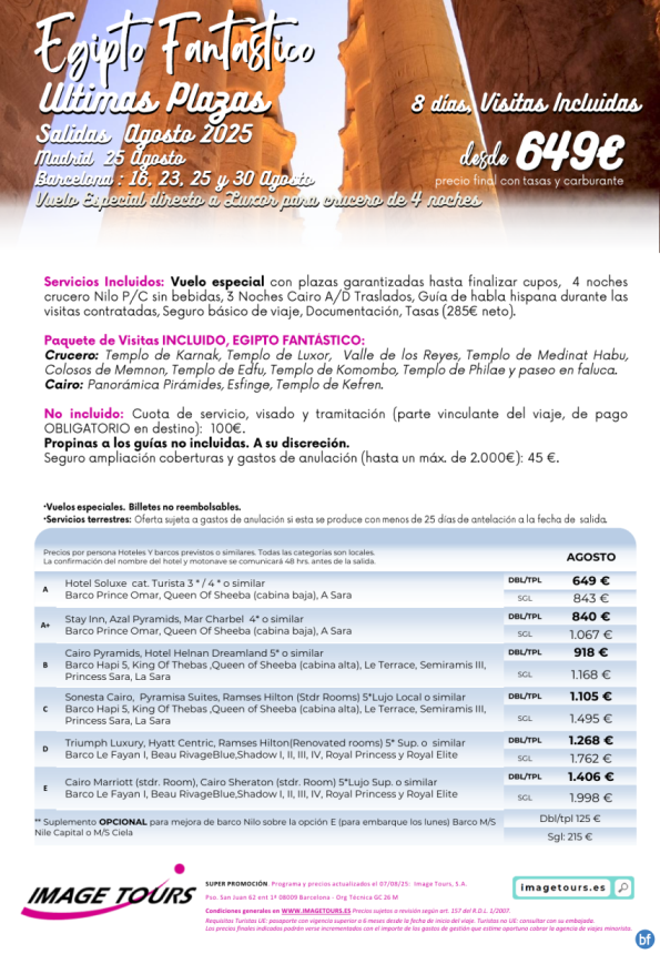 Egipto Mágico últimas plazas Agosto, desde 649 € Visitas Incluidas