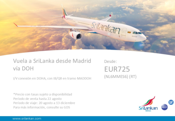 Vuela de Madrid a Colombo vía DOH con SriLankan Airlines