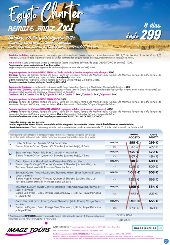 Egipto Charter Remate Final 2x1: 23, 25 y 30 de agosto desde solo 299 € 