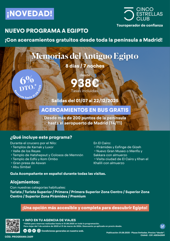 ¡NOVEDAD! Memoria Antiguo Egipto desde 938 € con traslado gratis en bus al aeropto. T4 dsd más de 200 ciudades