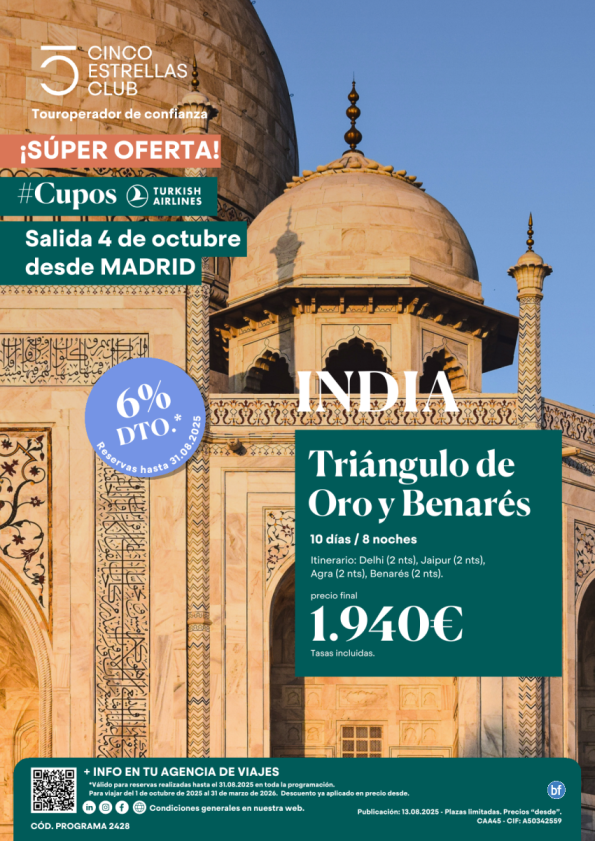 SúperOferta Triángulo de Oro+Benares 10d/8n  PVP final 1.940 € sal. 04 oct. desde Madrid - Últimas plazas