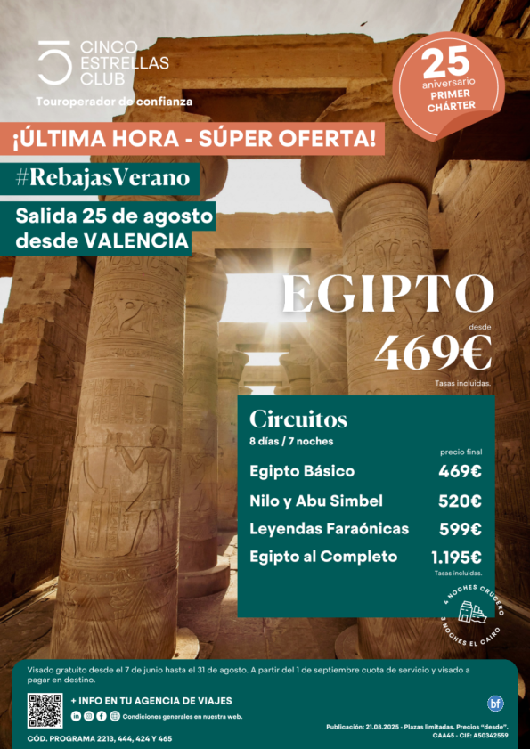SúperOferta /Últimas Plazas Egipto 8d/7n PVP dsd 469 € sal. 25 agosto desde Valencia  - Pvp Irresistible