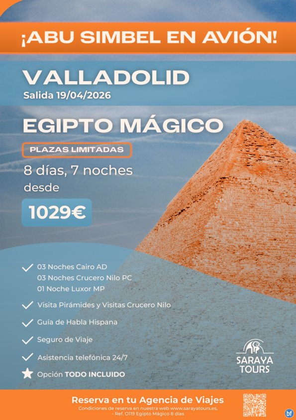 Exclusivo! Egipto Mágico con Abu Simbel en Avión Salida Valladolid 19/04/26 Plazas Limitadas