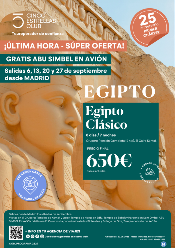 SuperOferta Egipto Clásico Abu Simbel en avión GRATIS 8d/7n Pvp Final 650 € sal sept:6,13,20,27 dsd Madrid