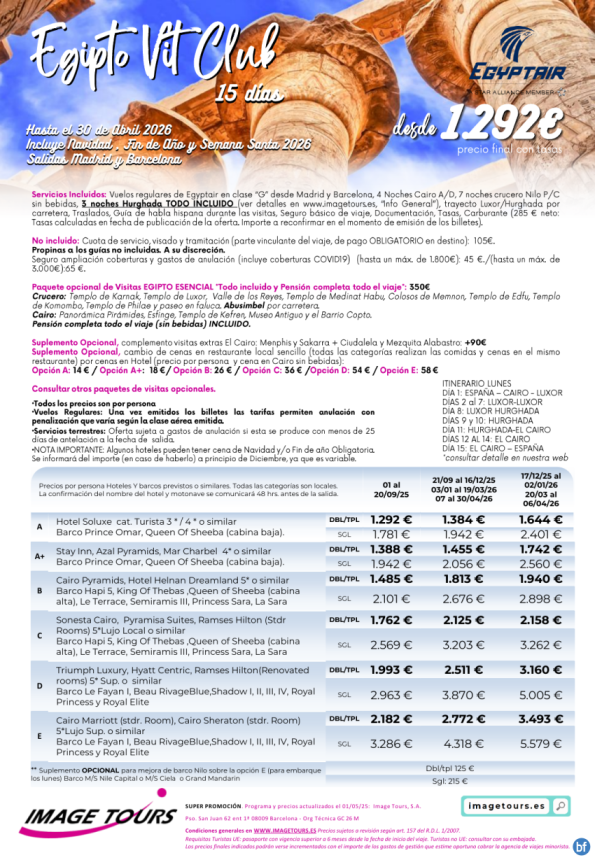 VIT Club hasta abril 2026, 15 días de viaje a Egipto desde 1.292 € 