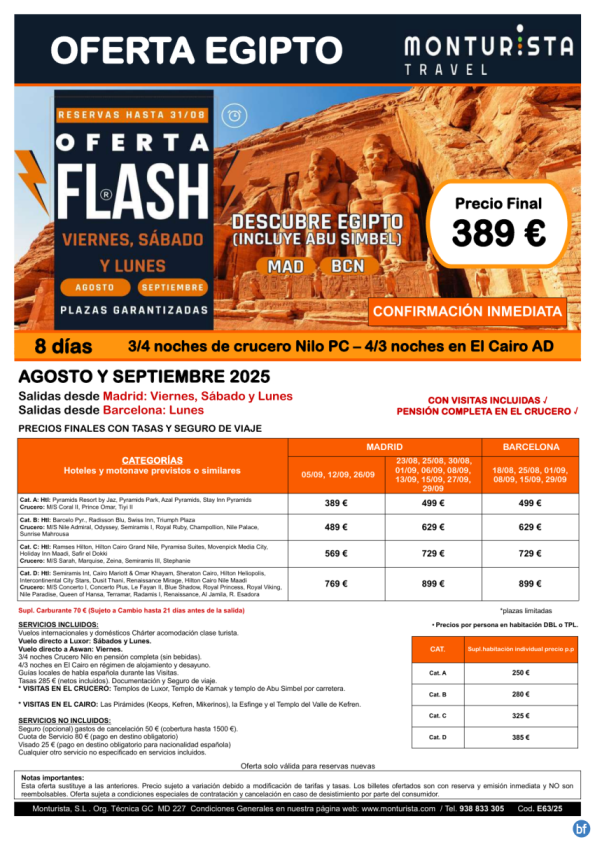 Of.Flash®-Descubre Egipto(Incluye Abu Simbel)*desde 389 € -salida MAD vier-sab-lun BCN lun - Aug, Sep cruc+cairo