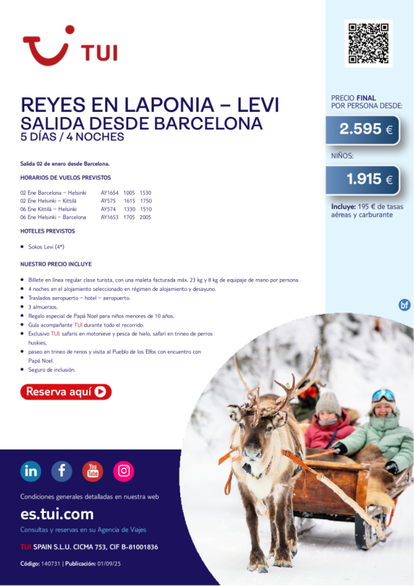 Laponia. Reyes en Levi. 5 días / 4 noches. Salida 02 ENE desde BCN desde 2.595 € 
