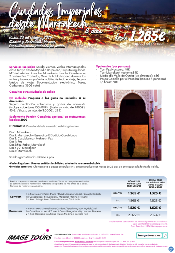 Marruecos: Ciudades Imperiales desde Marrakech, 8 días de viaje desde 1.265 € hasta octubre 2026