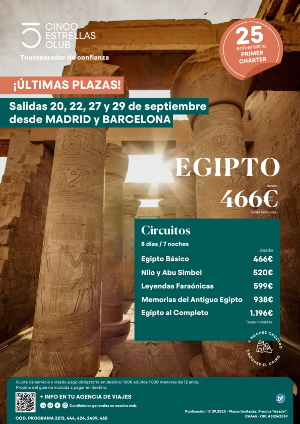 Últimas Plazas!! Circuitos Egipto desde 466 € 8d/7n salidas 20,22,27 y 29 Sep desde Madrid y Barcelona