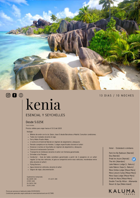 Kenia Esencial y Seychelles 13 Días / 10 Noches Salidas hasta Diciembre desde 5.025 € 