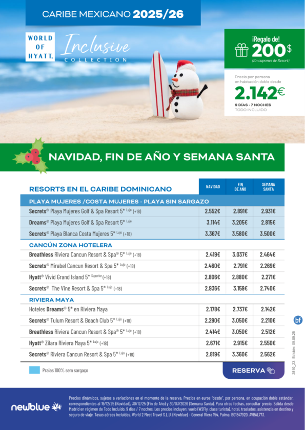 Navidad, Fin de Año y Semana Santa en el Caribe Mexicano con Hyatt. Playa Mujeres/Cancún/Riviera Maya