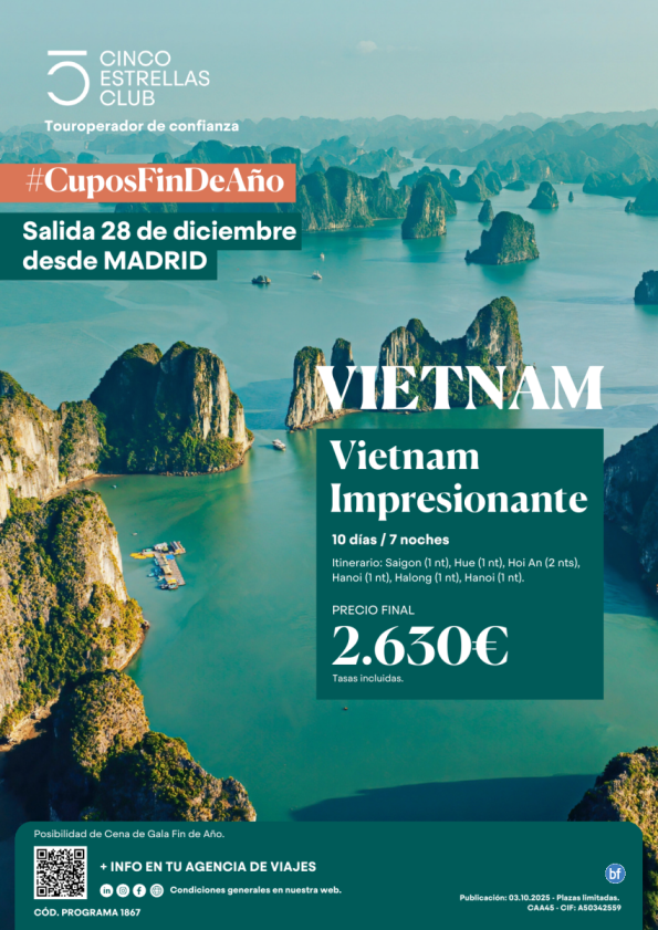 Cupos Fin Año-Vietnam Impresionante 10ds/7ns pvp final 2.630 € sal. 28 diciembre dsd Madrid