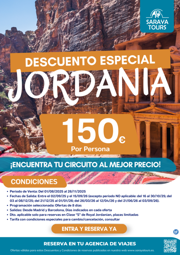 ¡DESCUENTO 150 € p/p! Programación Jordania salidas hasta 15/09/26 !Entra Consulta condiciones y Reserva Ya!