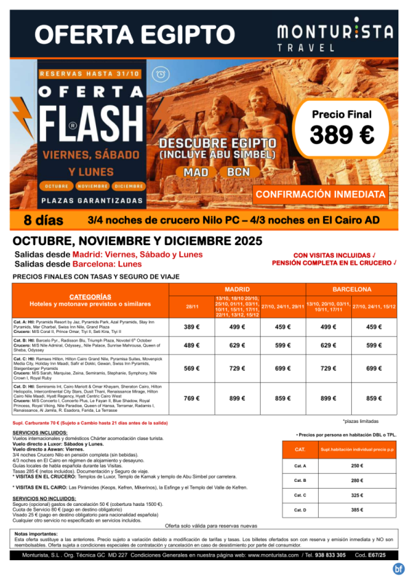  Of.Flash®-Descubre Egipto(Incluye Abu Simbel)*desde 389 € -salida MAD vier-sab-lun BCN lun-oct,nov,dec cruc+cai