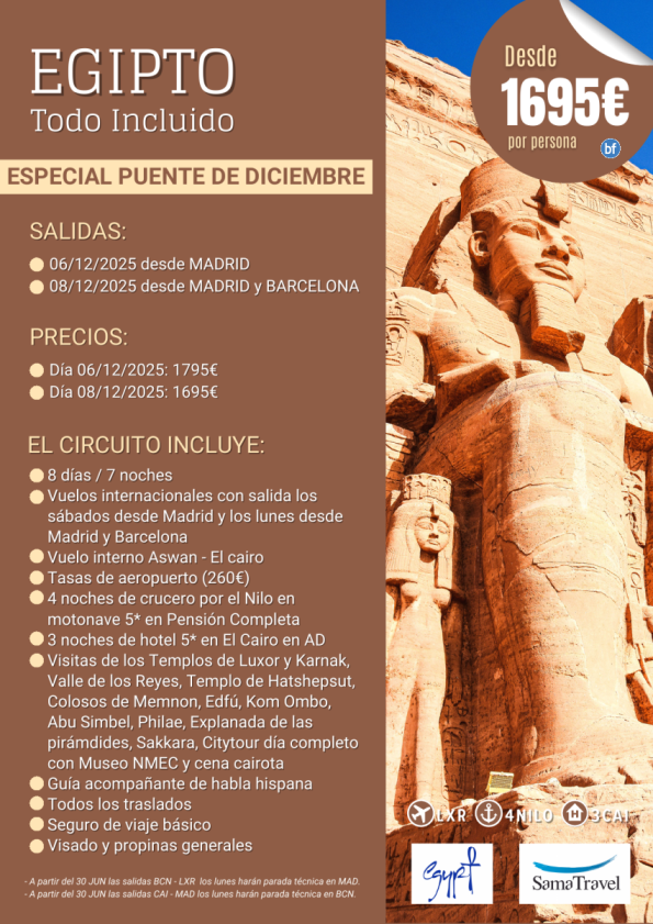 PTE DEC: Egipto Todo Incluido: Salidas desde Madrid y Barcelona 8 días crucero +Cairo+visitas *Desde 1695 € *